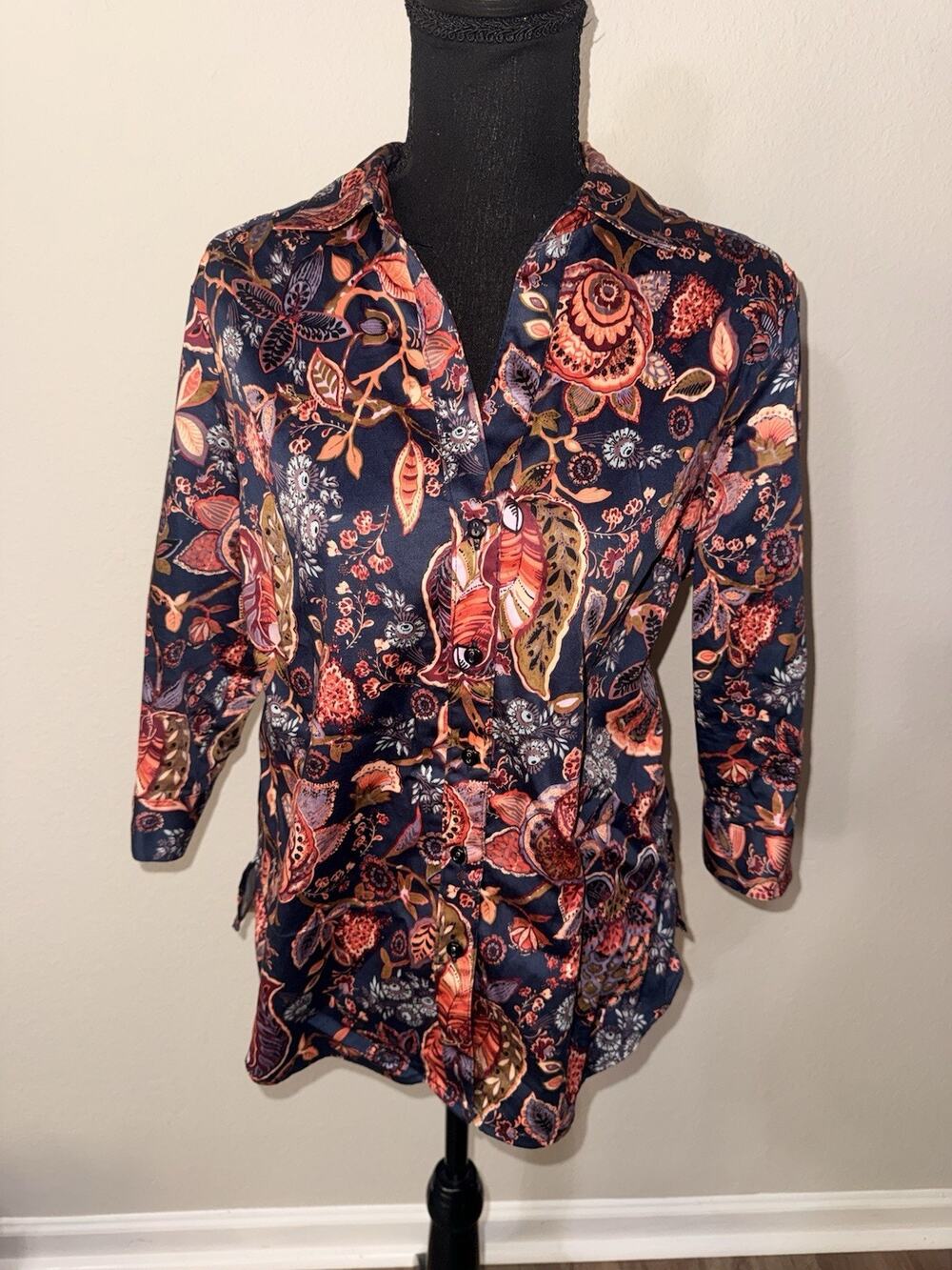 Allison Daley Petite 8P Button Front Shirt Floral Paisley Tunic Navy Orange